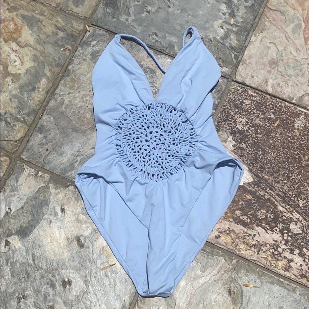 Frankie’s Swimwear Light Blue Crochet One Piece